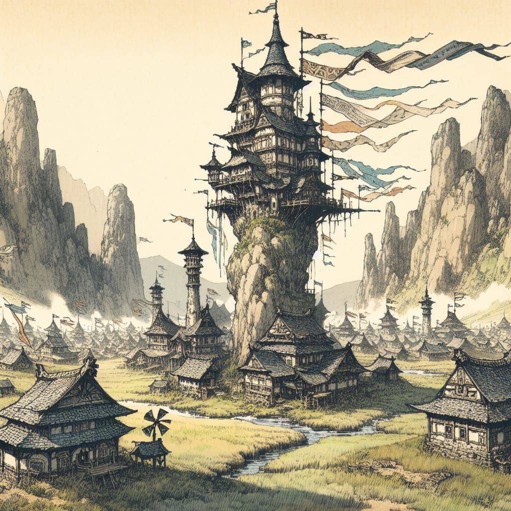 Fantasy Village on Rock Pillar in Ink and Watercolor
