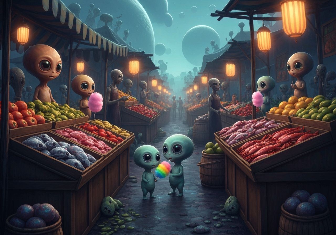 Bustling Alien Market with Bioluminescent Produce