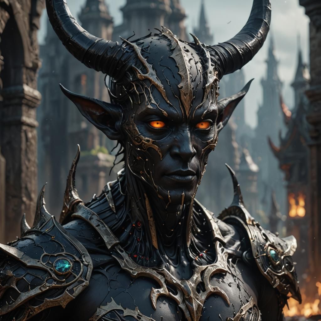 Detailed Black Humanoid with Horns, Fantasy Concept Art