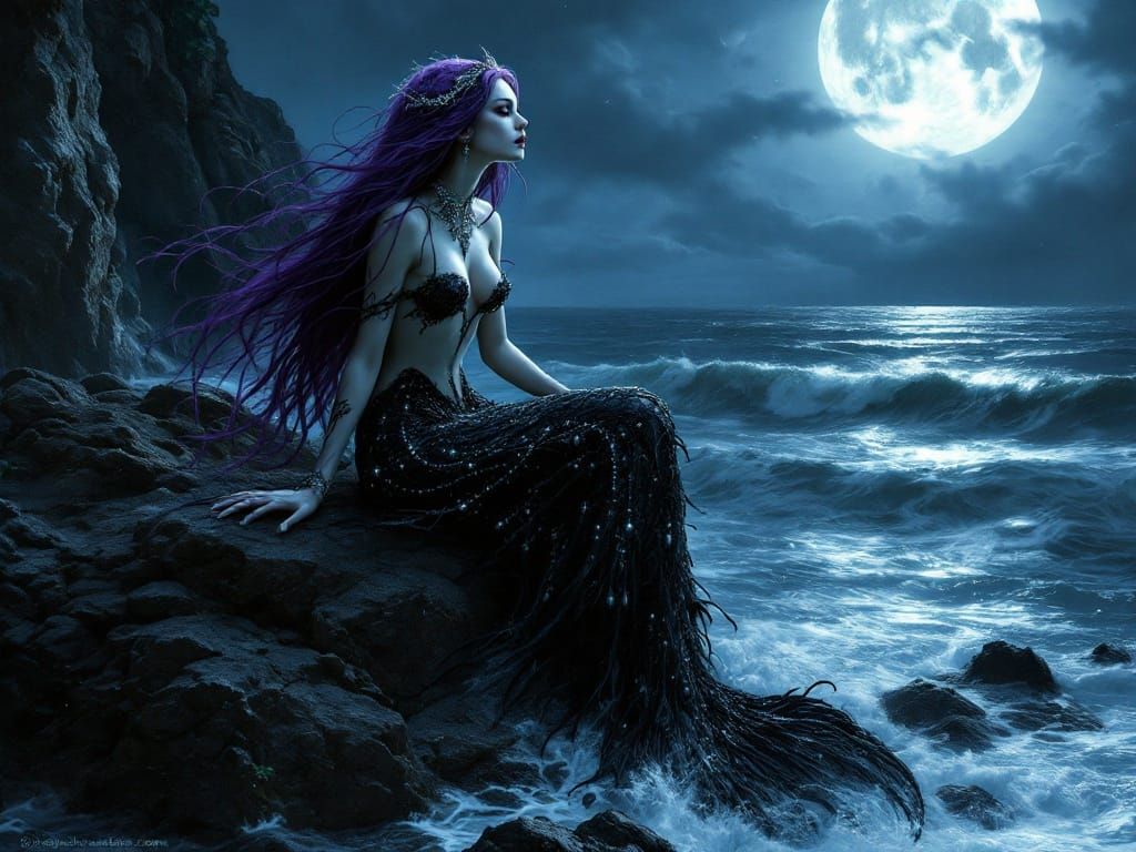 Gothic Mermaid in Moonlit Cove