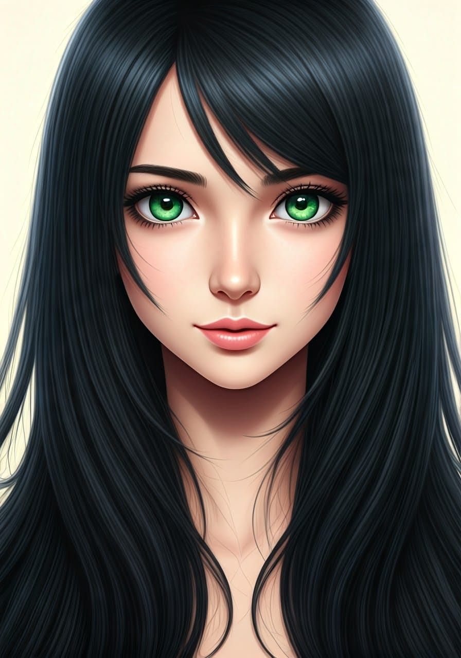 photo the head of a 20 year old girl with long shiny black h...