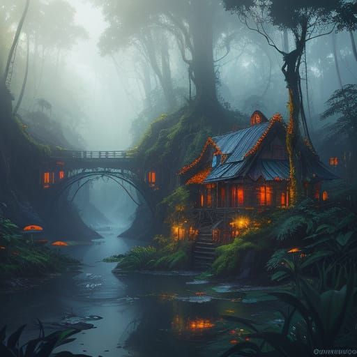 Ancient Waterwheels in Lush Fantasy Forest