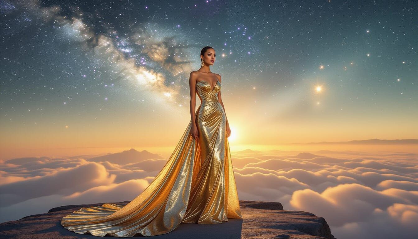 Regal Woman in Liquid Gold Gown Overlooking Cosmic Nebula