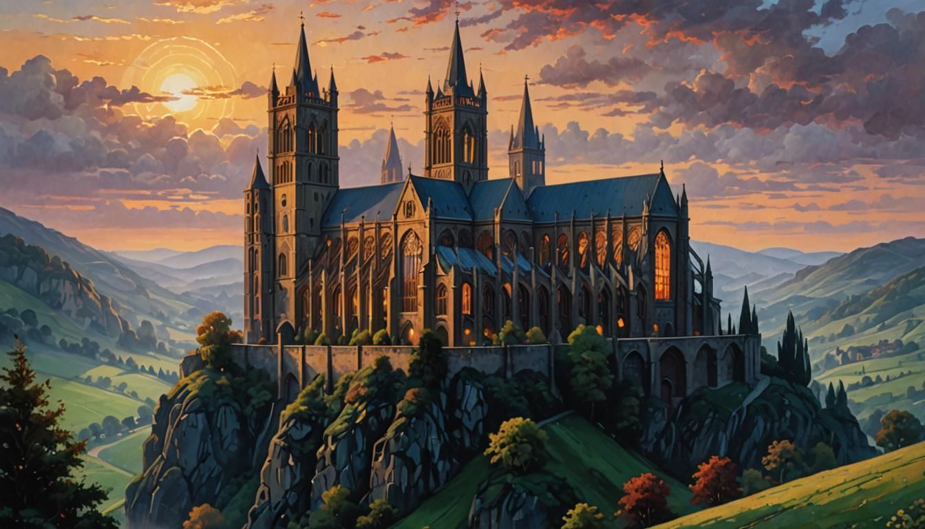 Majestic Gothic Abbey at Dusk, Impressionistic Oil Painting