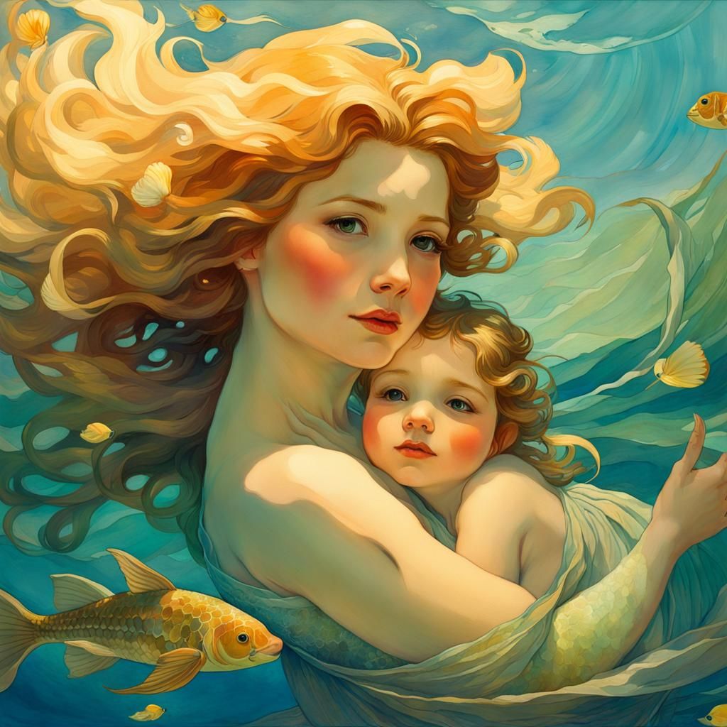 Mermaid Mother and Child in Renaissance Style