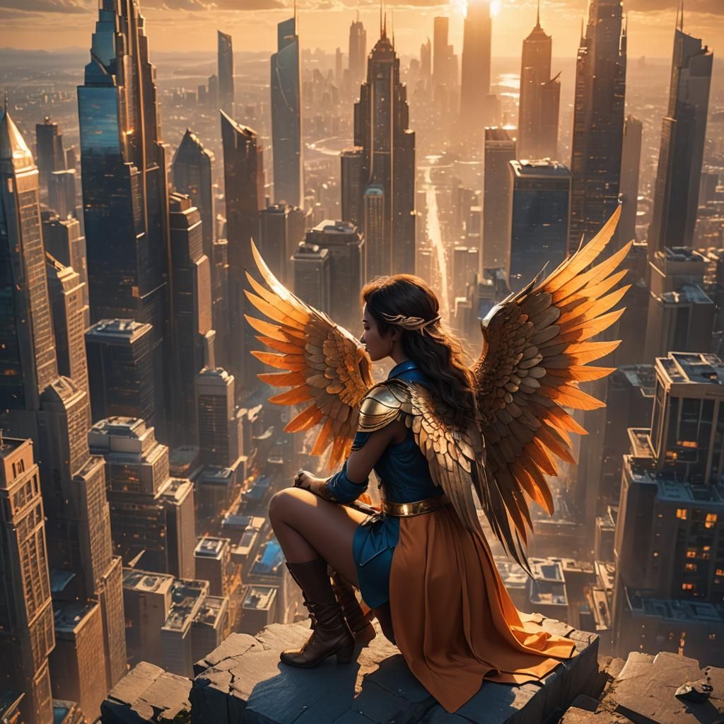 Winged Woman Overlooks Art Deco Cityscape