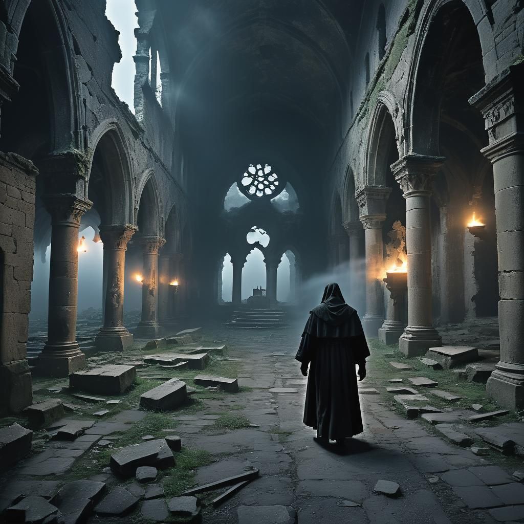 Eerie Twilight Monastery: A Haunting Surreal Scene