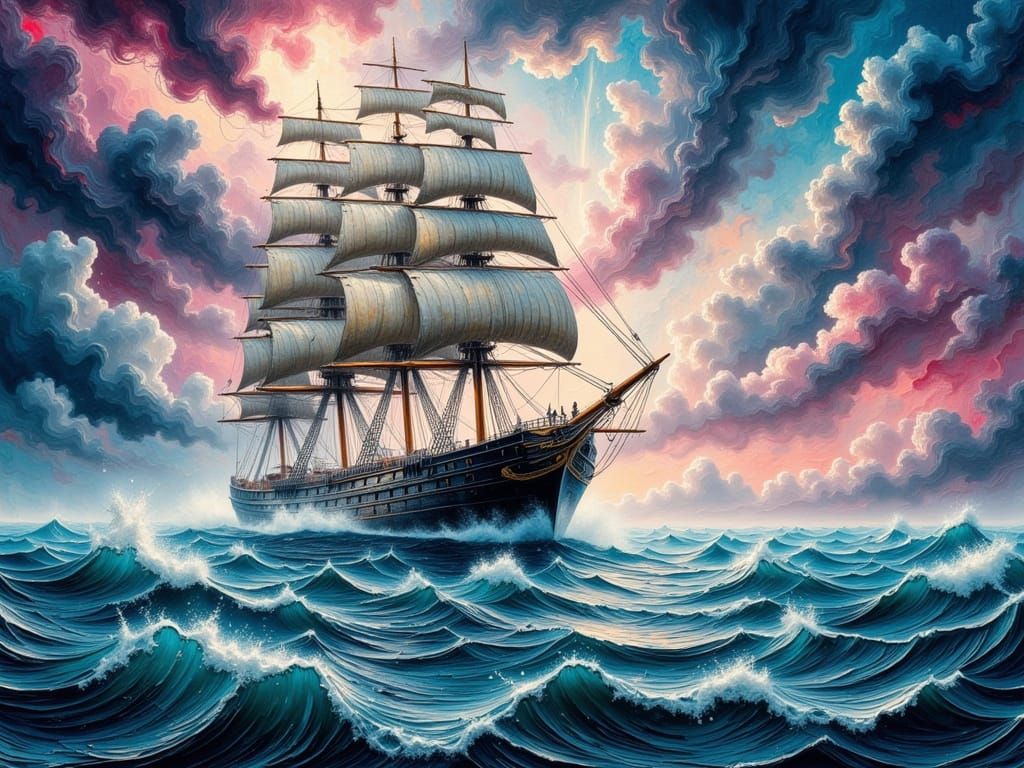 Victorian Royal Navy Ship in Stormy Impasto