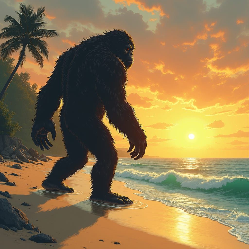 Giant Bigfoot Contemplates the Serene Ocean in Dreamlike Sun...