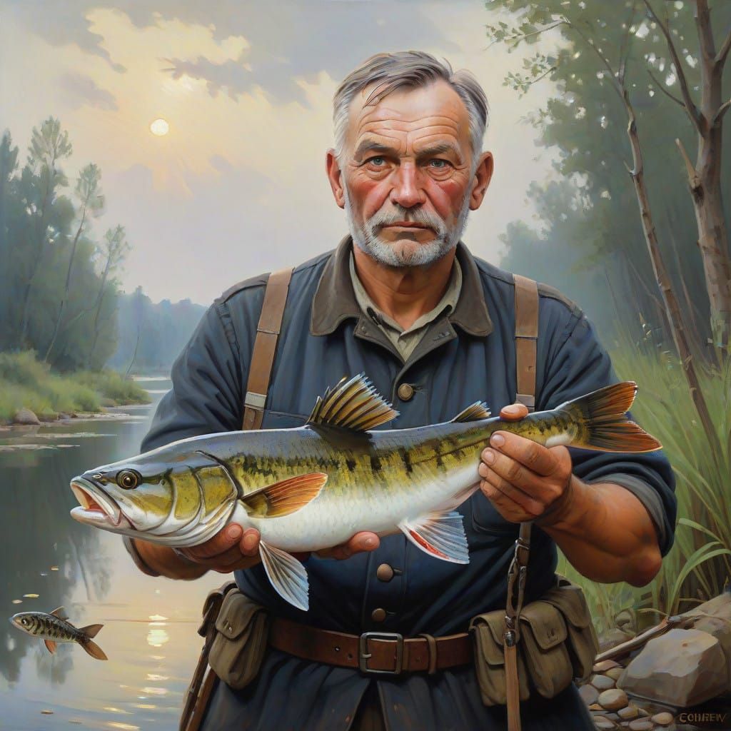 Polish Patriot Holding Small Catfish Oil Painting