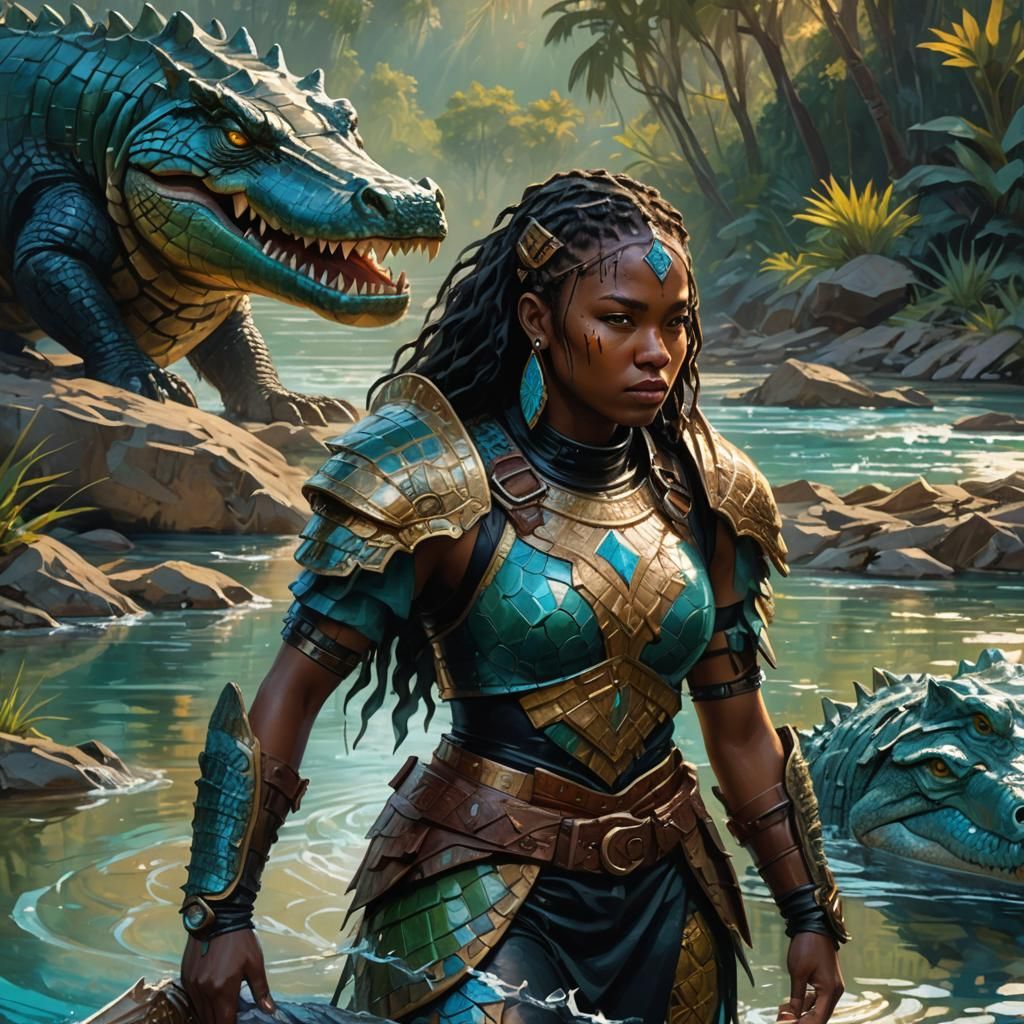 Black Warrior Girl Confronts Crocodile: Oil Painting