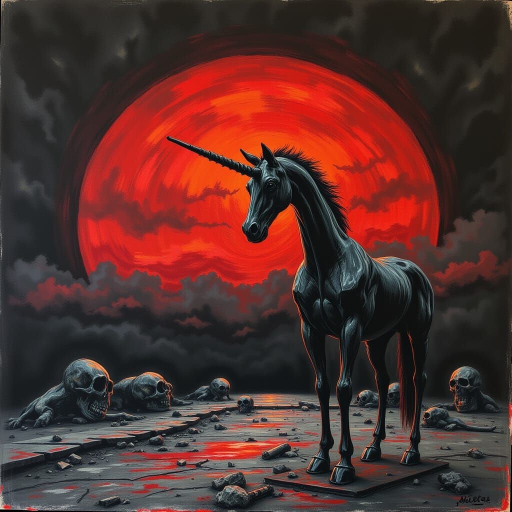 Chrome Unicorn Silhouette in Post-Apocalyptic Sunset