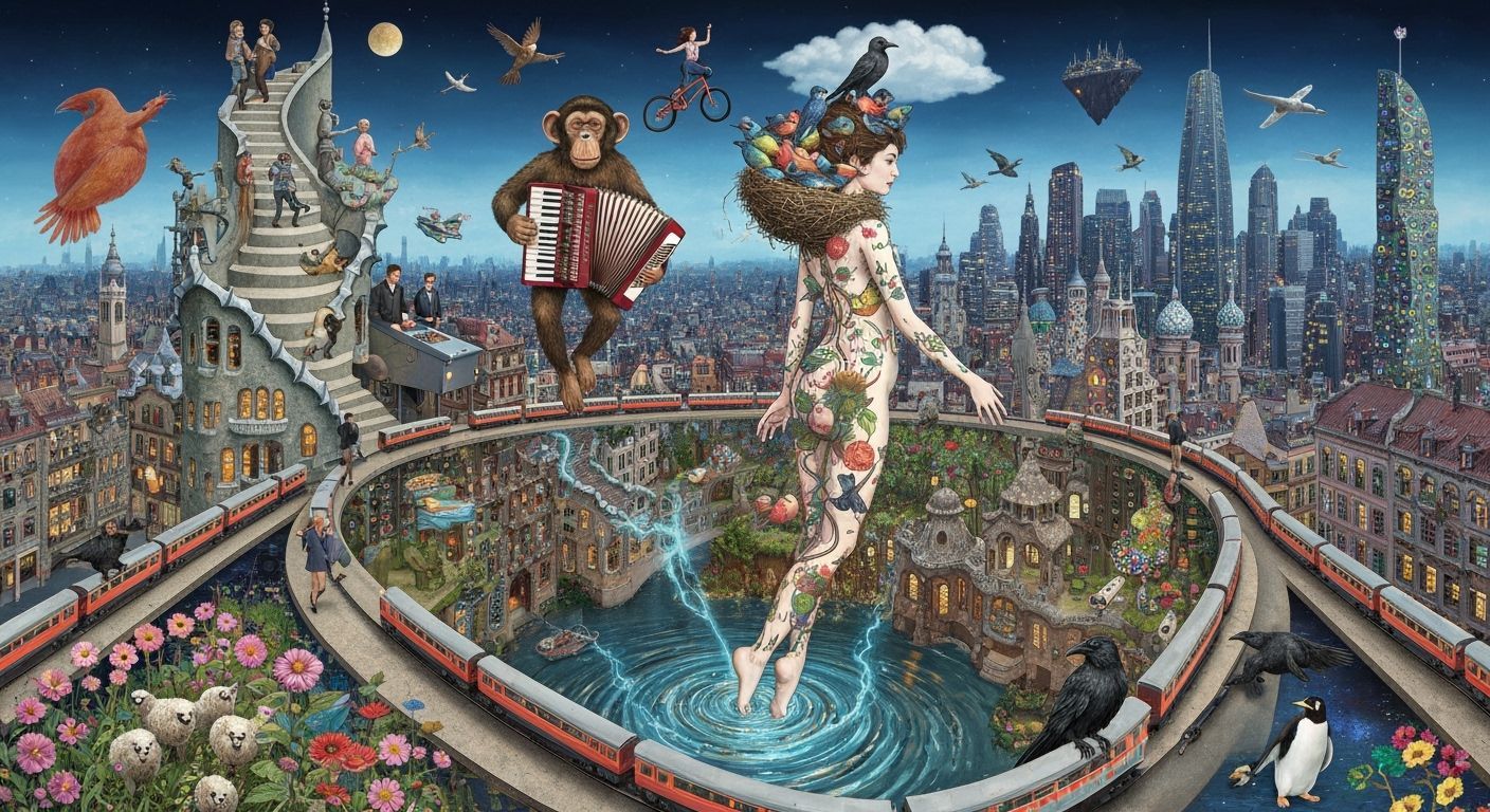 Surreal Accordionist at Palais Idéal, Whimsical Utopia