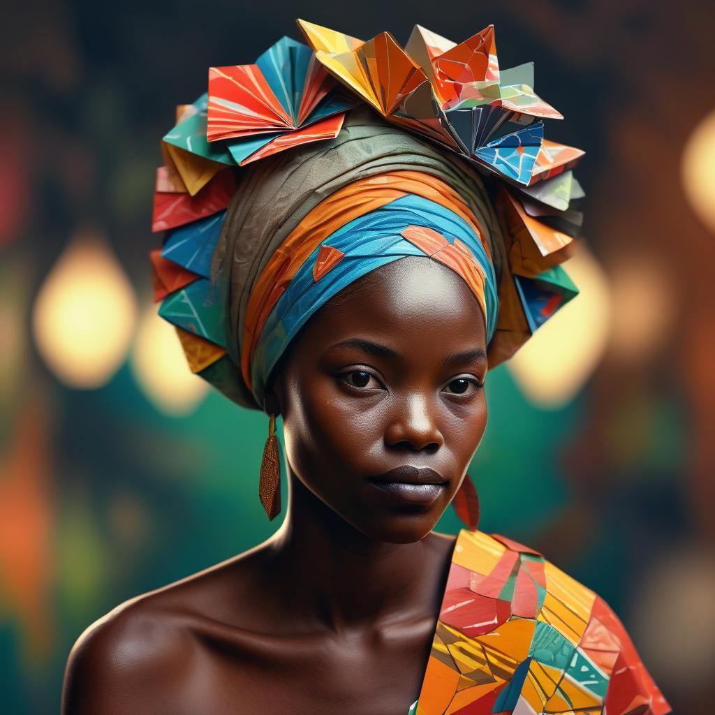 African Lady with Origami Hair in Papercraft Style