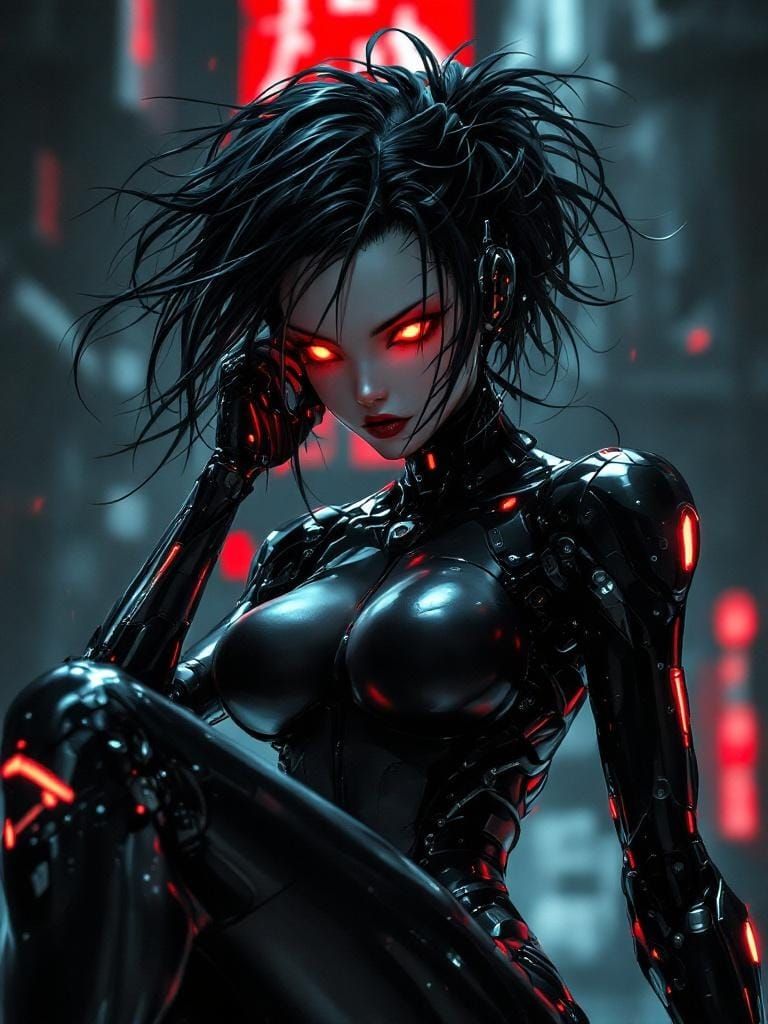Cyberpunk Android with Glowing Eyes in Anime Style