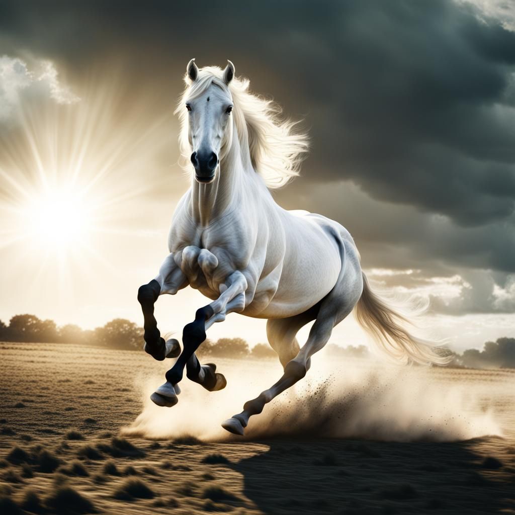 Wild White Horse Running in Sunny Paddock