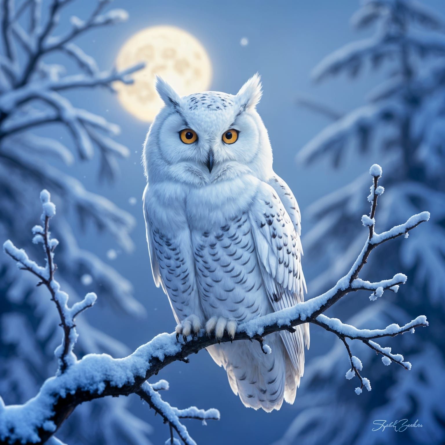 Snowy Owl on Frosty Branch in Moonlight