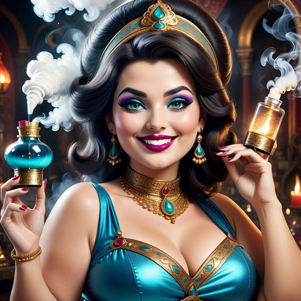 Beautiful Genie Emerges from Bottle in Cloud of Smoke