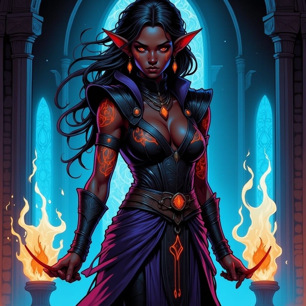 Dark Elf Priestess in Temple with Blue Fire