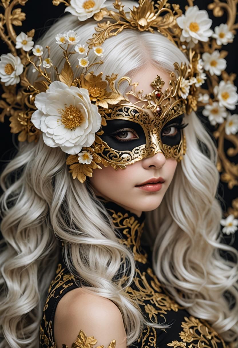 White-haired princess wearing black and gold flowery mask, intricate details, sharp focus, 64 megapixels, perfect compos...