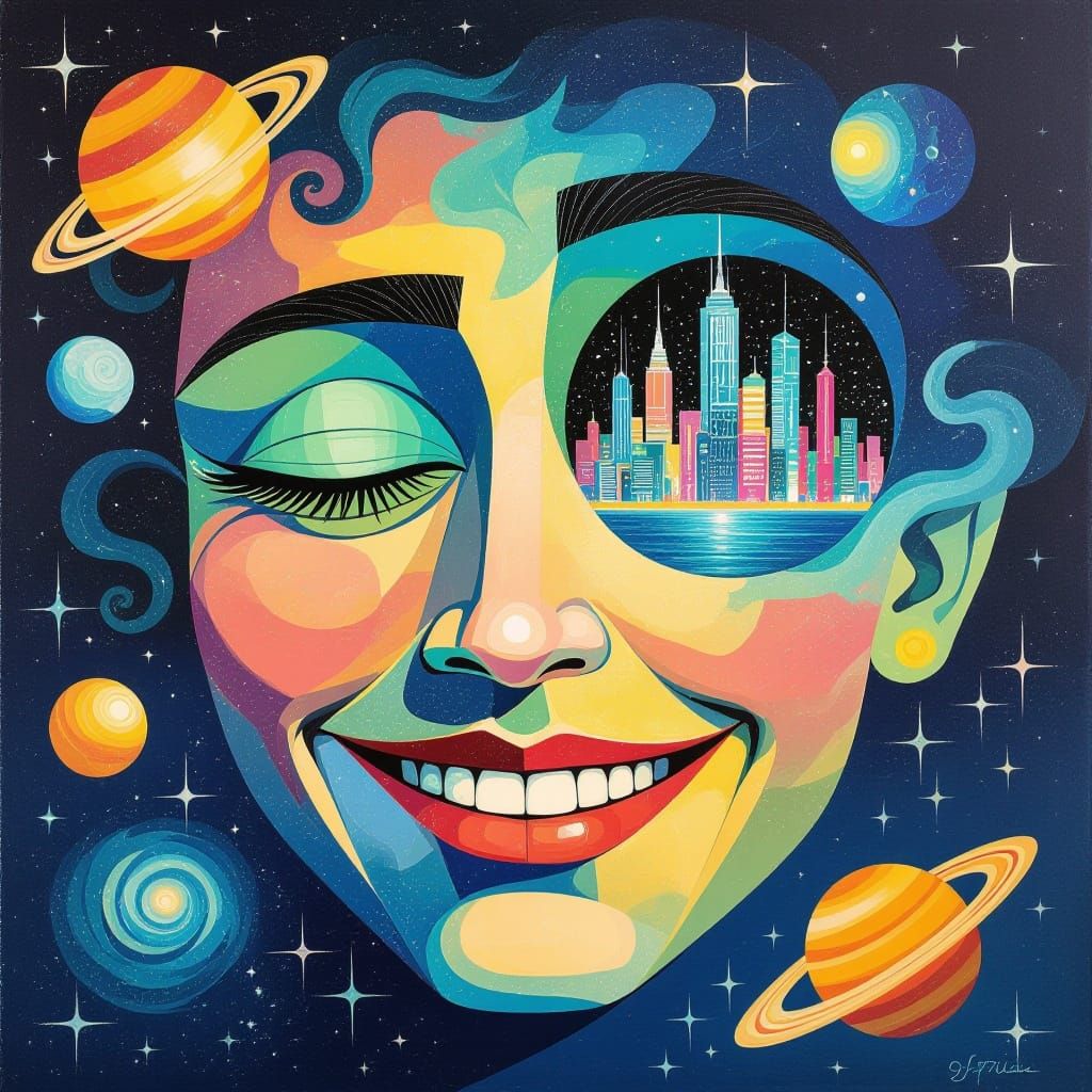 Celestial Face with Whimsical Grin and Shimmering Aqua Marin...