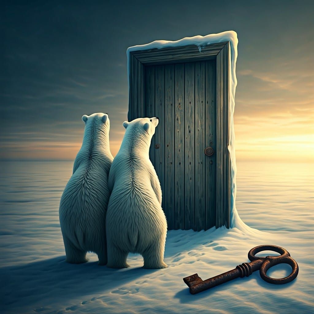 Polar Bears Discover Enchanting Door in Snowy Landscape