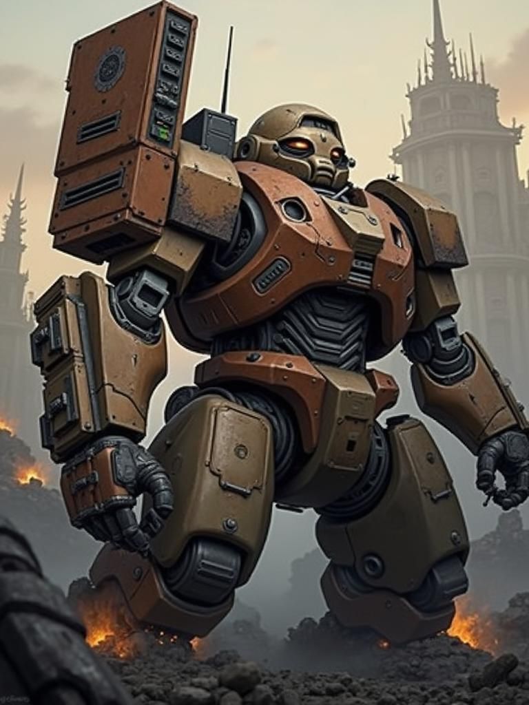 Battle Mech in Sci-Fi Ruins with Chainsaw Arm