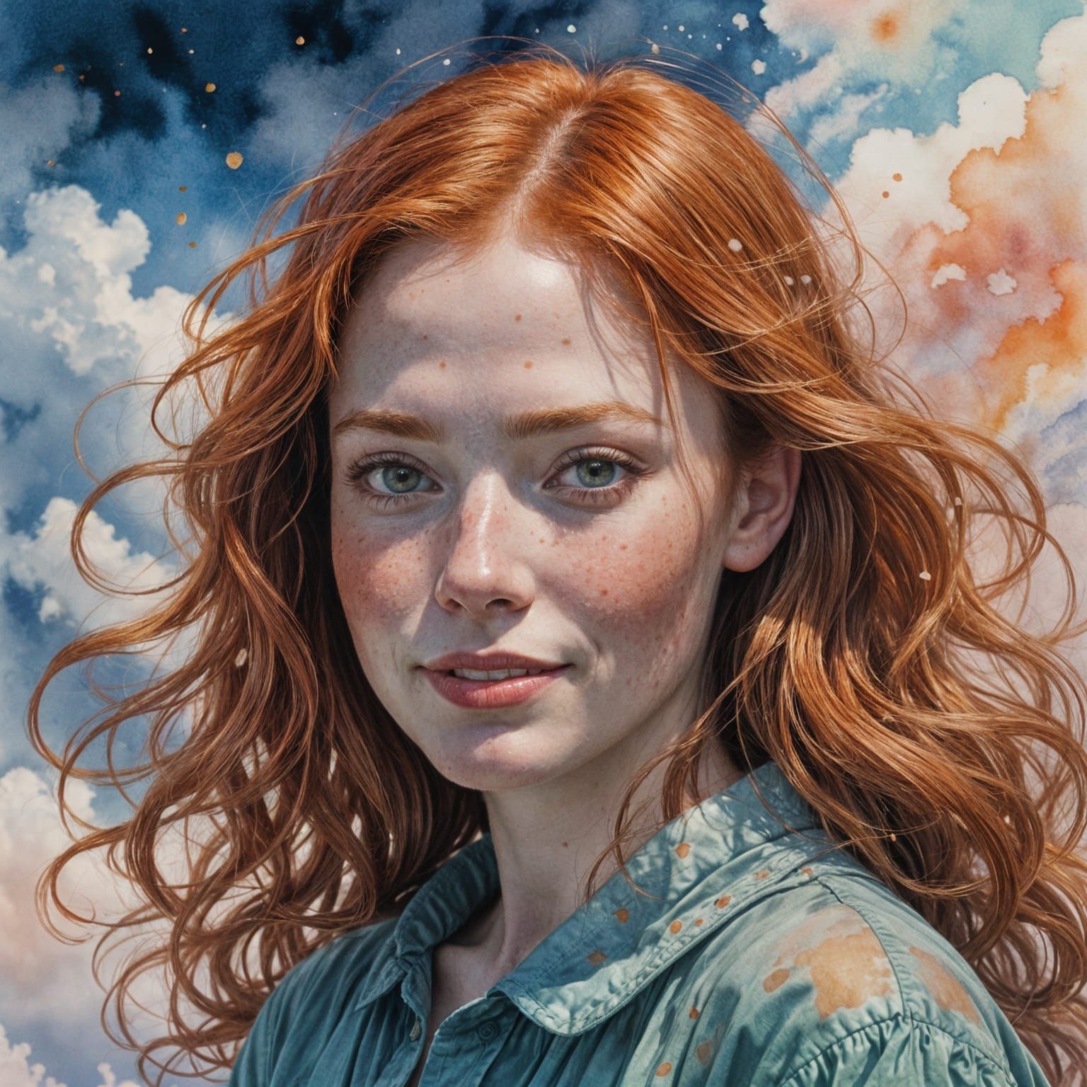 Vibrant Red-Haired Girl in Dreamlike Watercolor