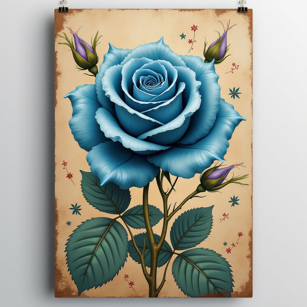 Blue Rose Botanical Metal Poster: Fantasy Concept Art