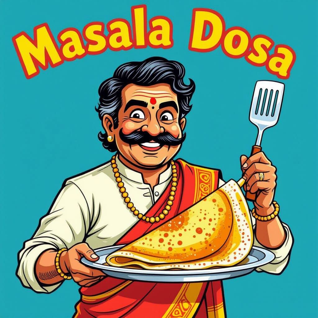 Jovial South Indian Chef Presents Masala Dosa in Cartoon Sty...