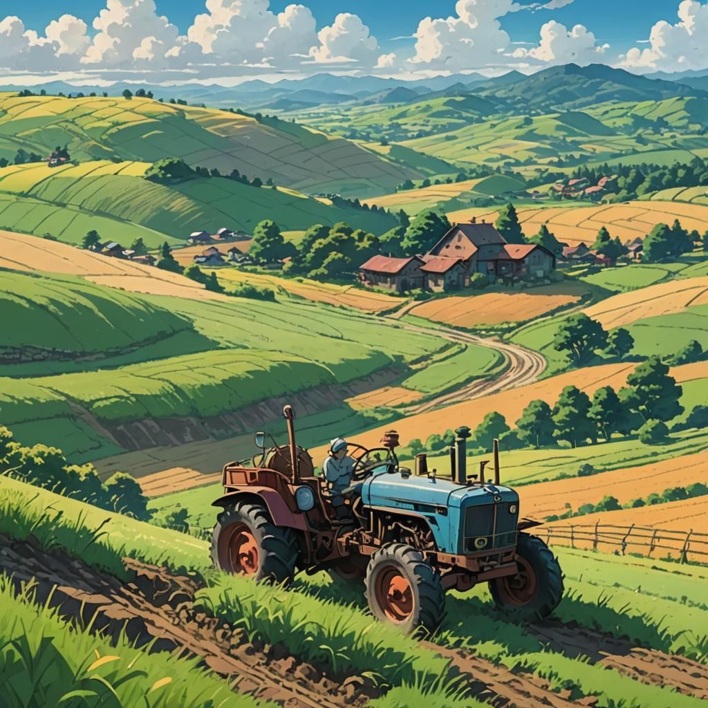 Farmer and Tractor in Anime Style