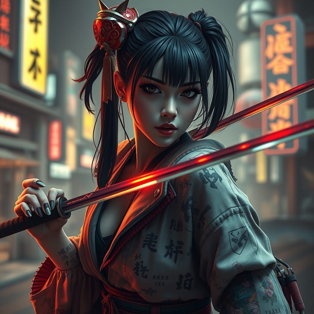 Cyberpunk Geisha with Katana and Neon Tattoos