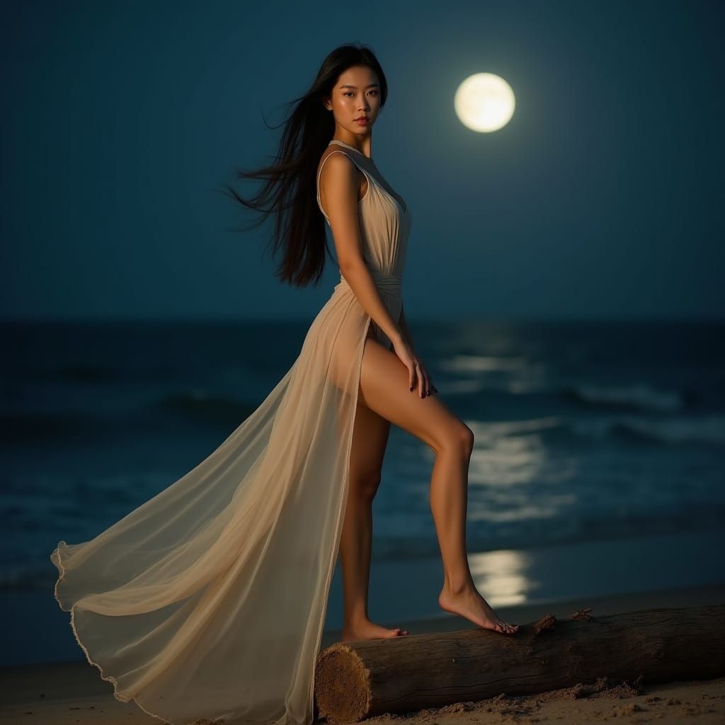 Serene Beach Night: Woman in Flowing Dress