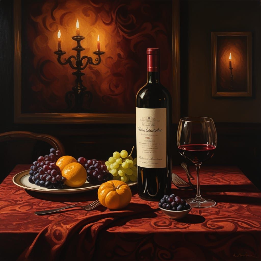 Baroque Oil Painting of Dancing Wine Bottle and Glass