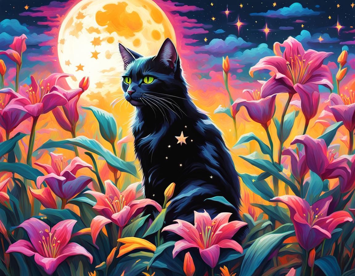 Starry Cat in Lily Field, Graffiti Art Style