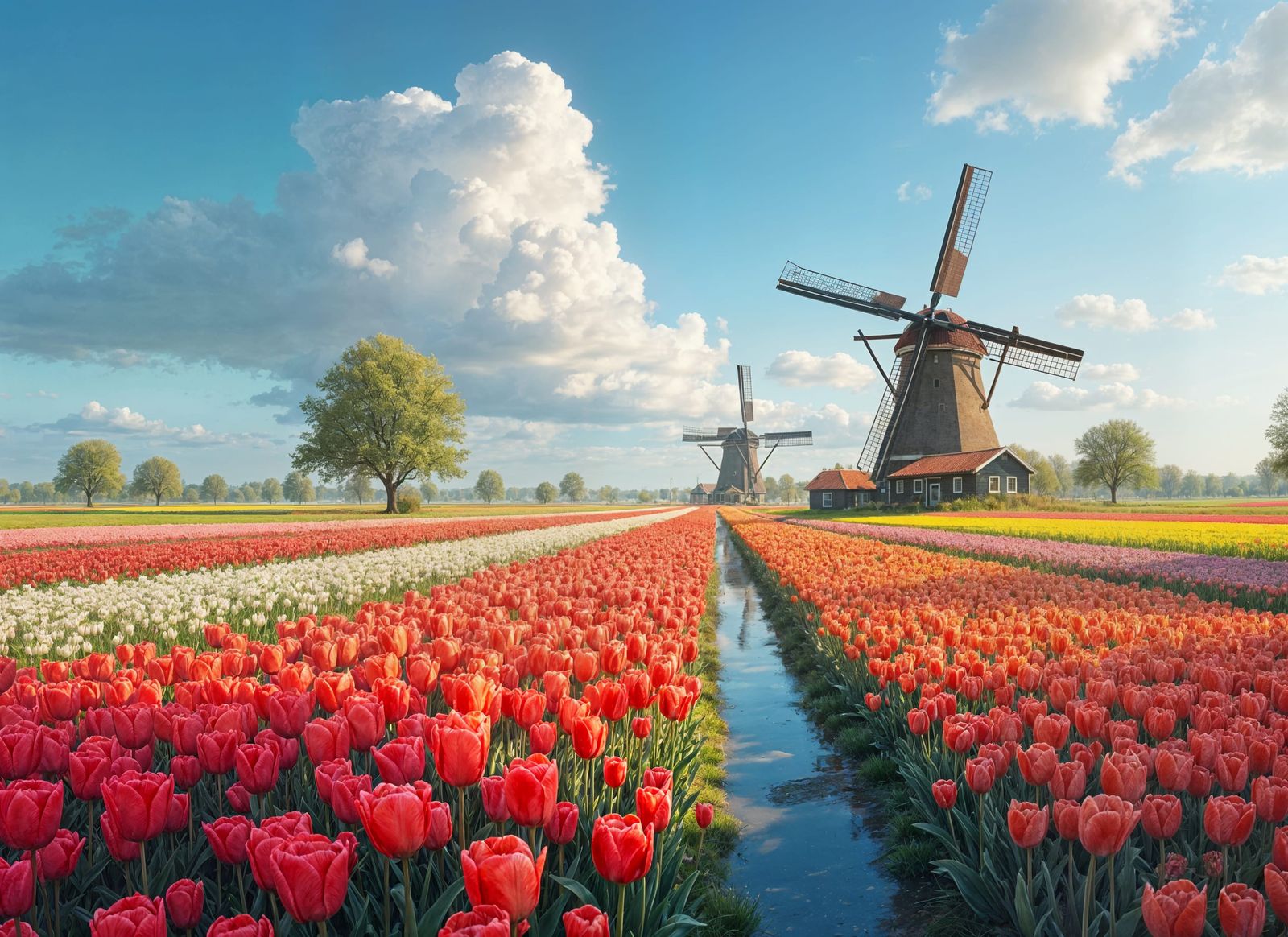 Vibrant Dutch Countryside with Tulip Fields