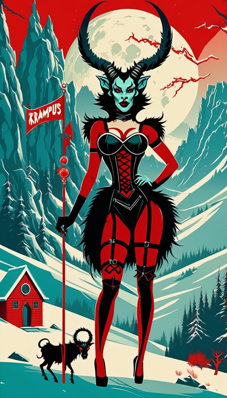 Retro Krampus Pinup in Atompunk Landscape