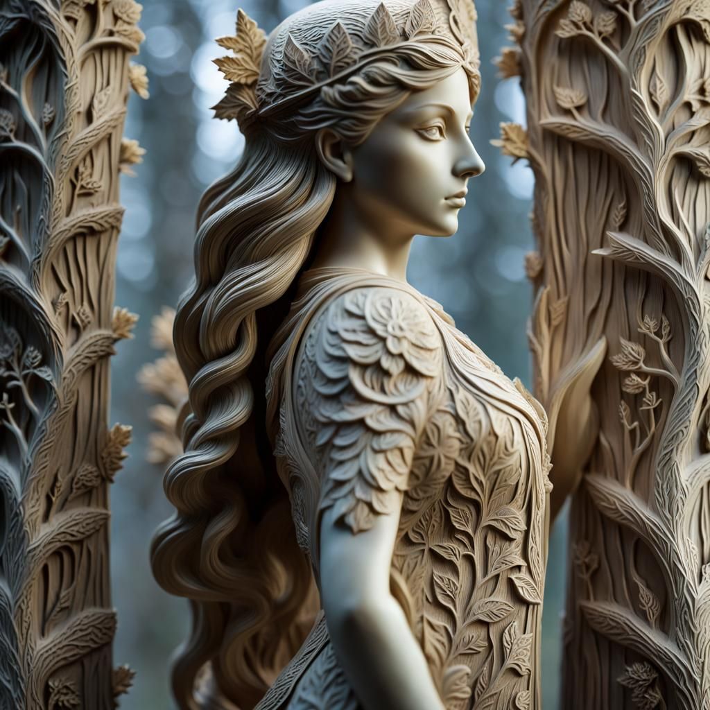 Ethereal Dryad Wood Carving in Greek Folk Art Style