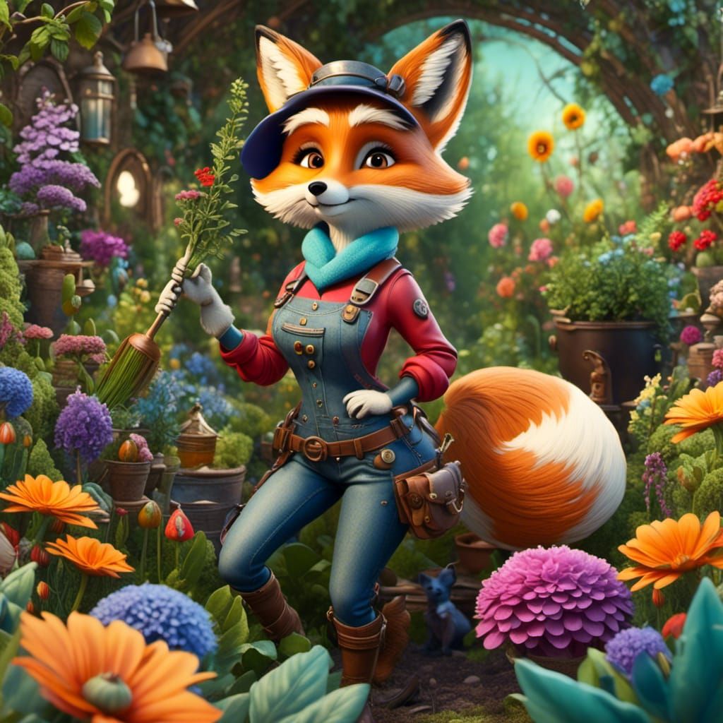 Cute Fox Lady Gardening in Colorful Fantasy Garden