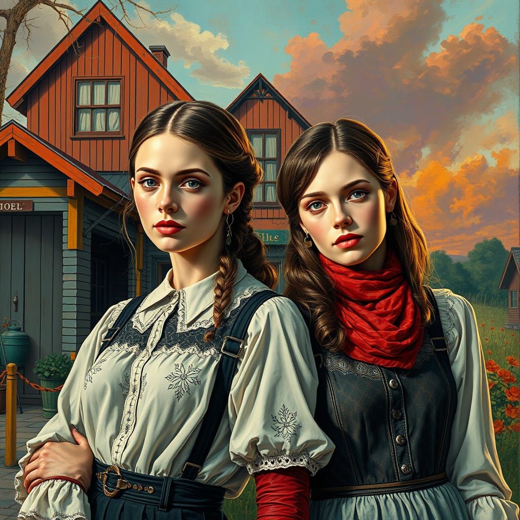 Cornshed Sisters in American Gothic Hyperrealistic Art