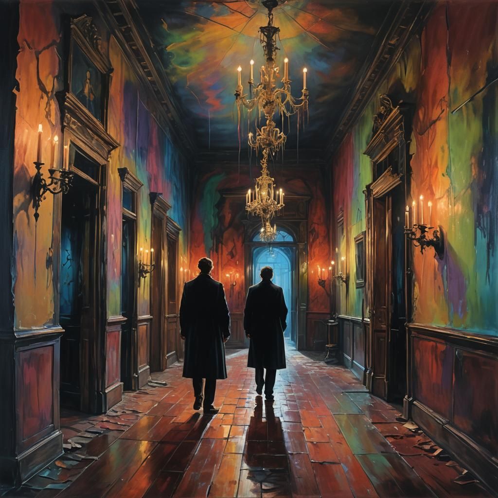 Eerie Figure in Haunted House Hallway: Surreal Oil Painting