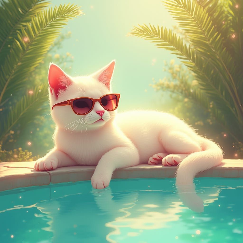 Cat in Sunglasses by Pool, Dreamlike Summer Scene