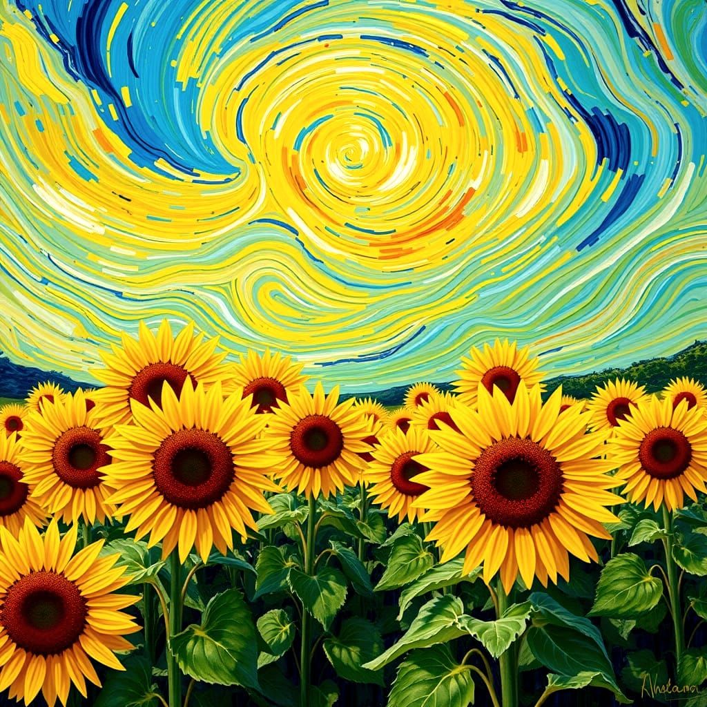 Sunflowers Under Swirling Sky in Post-Impressionist Style