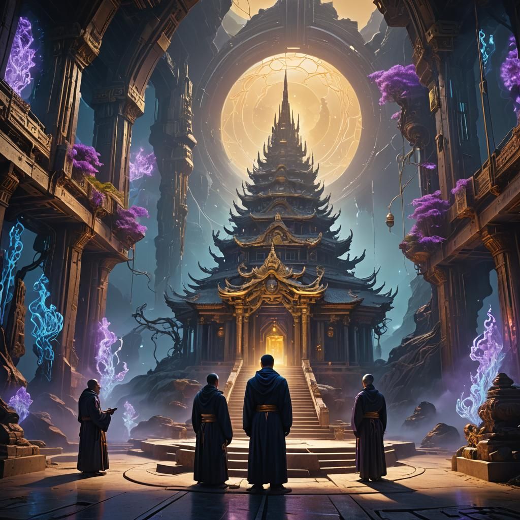 Biomechanical Monks Meditating in Futuristic Temple