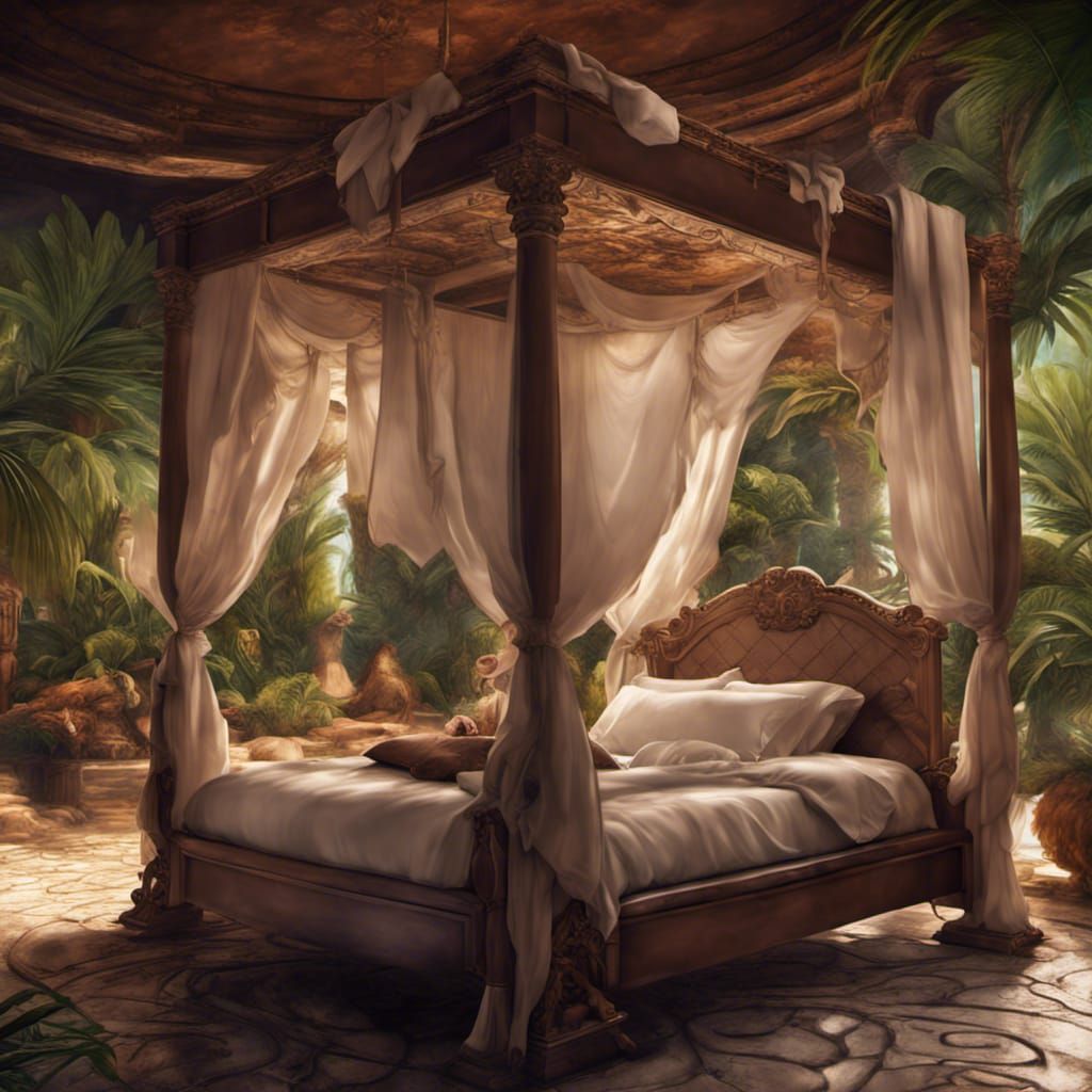 Tropical Spa Scene with Four Poster Bed