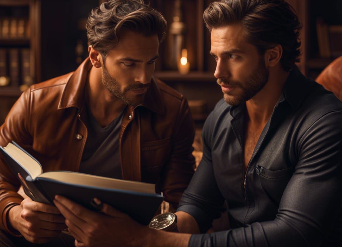 Two Handsome Men Read on Beach, Hyperdetailed Art