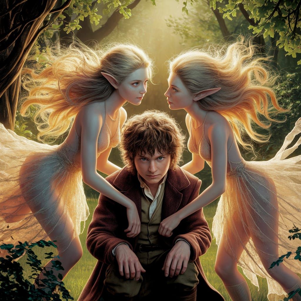 Nymphs Tempt Bilbo in Forest Glen, Fantasy Art