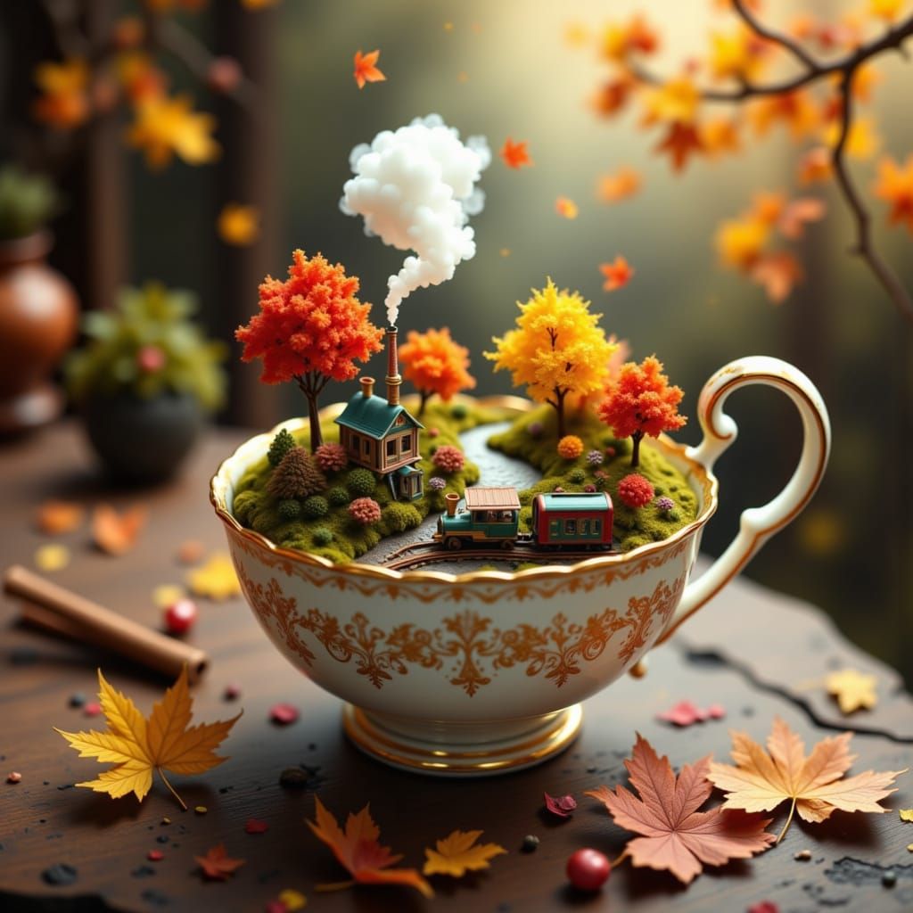 Whimsical Autumn Train Scene in Teacup