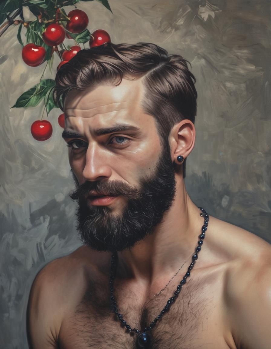 Bearded Man Eating Cherries in Cyberpunk Style