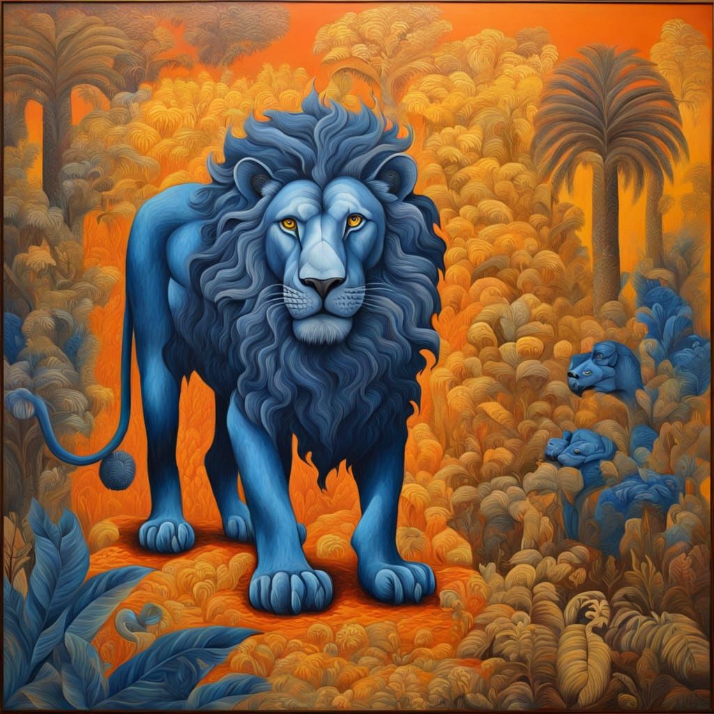 Surrealistic Prussian-Blue Lion in a Vibrant Jungle Scene
